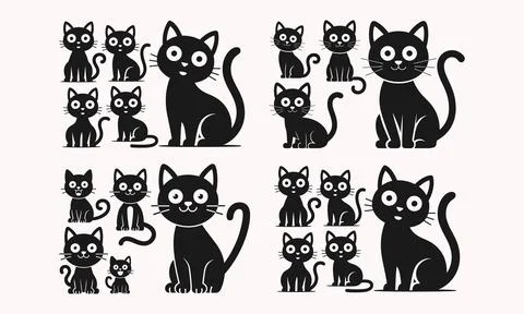 Cute Black Cats Silhouettes Set 4 Designs T-shirt Graphic Stock Illustration