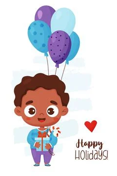 Cute black ethnic boy with gift, caramel and balloons and inscription happy h Stock Illustration
