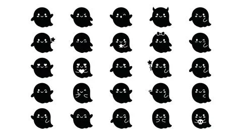 Cute black ghost character emoji set with different facial expressions for .. Stock Illustration
