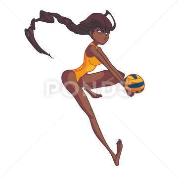 Cute black girl in yellow swimming suit is playing volleyball on the beach Stock Illustration