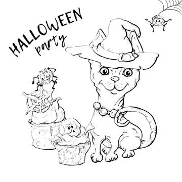 Cute black kitten and dog wearing funny and fancy Halloween hats laying with an Stock Illustration