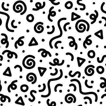 Cute black line squiggle doodle seamless pattern in memphis style, abstract 库存插图