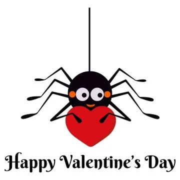 Cute black spider hanging on string of cobwebs with red heart isolated on whi Stock Illustration