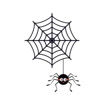 Cute black spider hanging on a string with cobwebs icon isolated on white bac Stock Illustration
