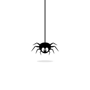 Cute black spider hangs on a cobweb. Halloween concept. Vector on isolated wh Stock Illustration