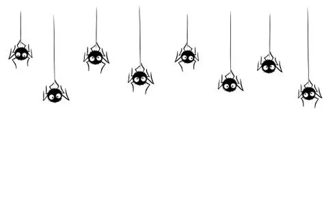 Cute black spiders dangle and swing on the web. Hand drawn, isolated, seamles Stock Illustration