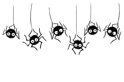Cute black spiders dangle and swing on the web. Hand drawn, isolated, seamles Stock Illustration