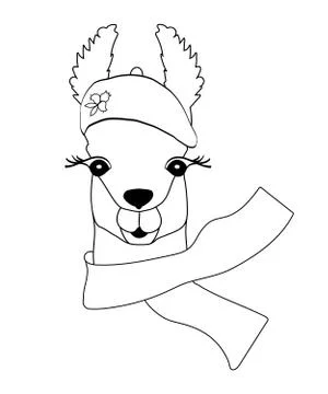 Cute black-white Llama in a beret with a scarf .Llama for coloring, childish  Stock Illustration