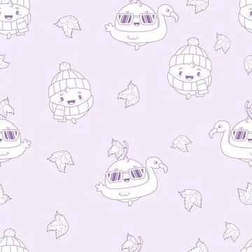 Cute Blackcurrant Character Seamless Pattern. Outline  Funny Winter and Sum.. イラスト素材