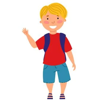 A cute blond boy with a backpack waves his hand. Stock Illustration