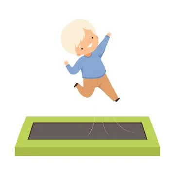 Cute Blond Boy Bouncing on a Trampoline, Happy Kid Trampolining and Having Fun Illustrazione stock