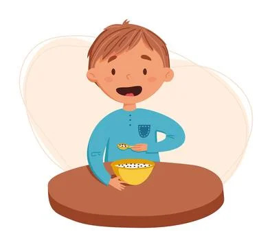 Cute blond boy having breakfast vector illustration. Child eats oatmeal with  Stock Illustration