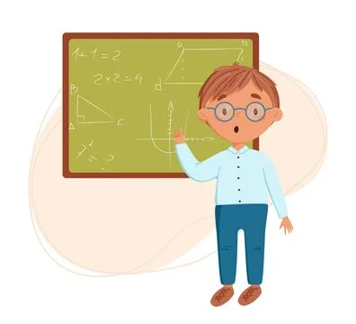 Cute blond boy learning at school vector illustration. Child answers math at  Stock Illustration
