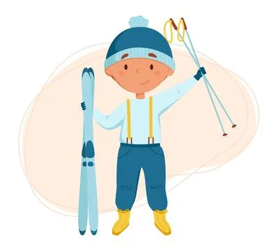 Cute blond boy skiing vector illustration. Daily routine. Schedule. Illustr.. Stock Illustration