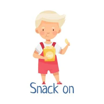 Cute Blond Boy Snacking On Potato Chips Vector Illustration Illustrazione stock
