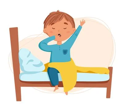Cute blond boy wake up vector illustration. Daily routine. Schedule. Illust.. Stock Illustration