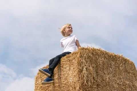Cute blond child sits on haystack. Bottom view portrait of boy in dry hay aga Foto stock