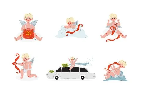 Cute Blond Cupid Boy with Wedding Rings, Bow Sitting on Cloud, Shooting and on Illustrazione stock