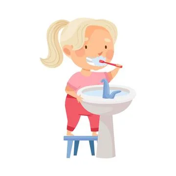 Cute Blond Girl Brushing Her Teeth Standing on Stool Near Wash Stand Vector Stock Illustration