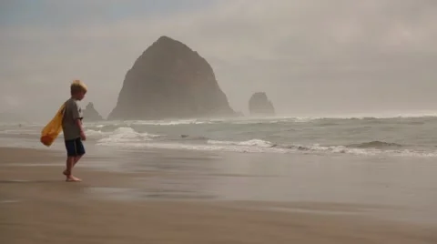 Cute blond little boy walking to ocean, Cannon Beach Stock Footage 52456745