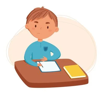 Cute blonde boy doing homework vector illustration. child does the tasks that Stock Illustration