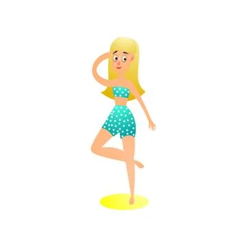 Cute blonde girl in aqua color retro dotted swimsuit Stock Illustration