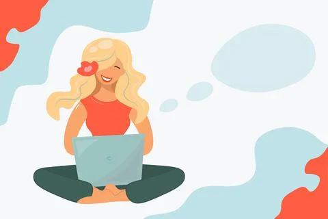 A cute blonde is happy to work at the computer remotely. Freelance girl with Stockillustratie