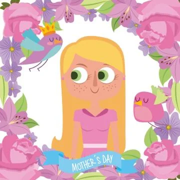 Cute blonde woman floral border birds flowers mothers day Stock Illustration