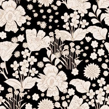 Cute blooming flowers of different sizes. Fancy floral background. An elega.. Stock Illustration