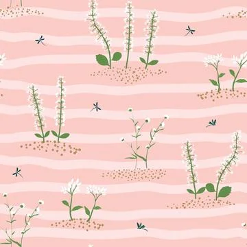Cute blooming wildflower seamless pattern on wavy background Stock Illustration