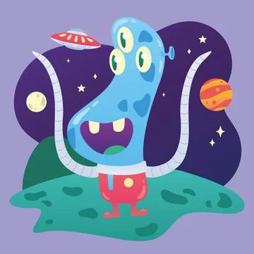 Cute blue alien character with three eyes and tentacles Vector Stock Illustration