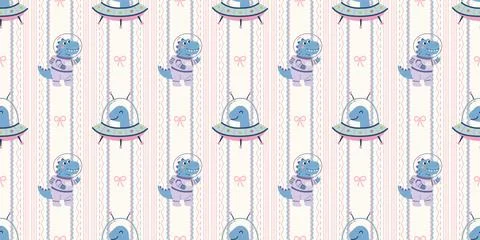 Cute blue alien teddy bears with rockets and stars seamless pattern for kids Stock Illustration