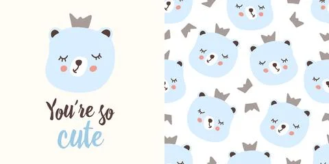 Cute blue bear pattern and print set for baby products, nursery, and kids design Illustrazione stock