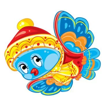Cute blue bird character in hat and scarf, cartoon illustration, postcard, is Stock-Illustration