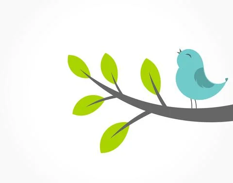 Cute blue bird singing on the tree branch. Spring vector illustration. Stock Illustration