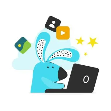 Cute Blue Bunny Using Laptop with Social Media App Icons - Digital Cartoon .. Stock Illustration