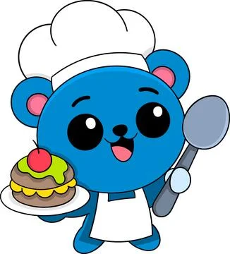 Cute Blue Chef Character Holding Sweet Dessert for Sticker and Logo Stock Illustration