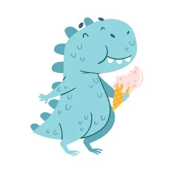 Cute blue comic dinosaur eating ice cream. Kids t-shirt print, books, stickers Stock Illustration