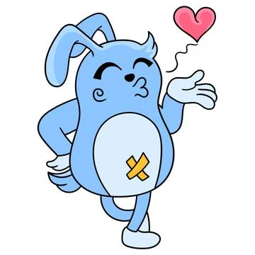 Cute blue creature flirty style kiss away valentine day. doodle icon image ka Stock Illustration