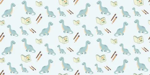 Cute blue dinosaur pattern with books and pencils on light background Stock Illustration