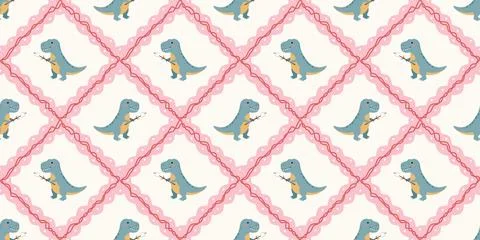 Cute blue dinosaur pattern with pink diamond frame on white background Stock Illustration