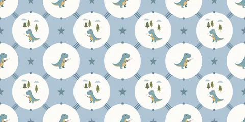 Cute blue dinosaur pattern with white circles and star shapes seamless design Stock Illustration