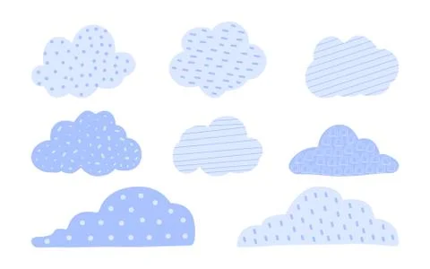 Cute blue doodle cloud spot line kids set vector Stock Illustration