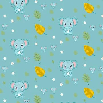 Cute Blue Elephant Pattern with Leaves and Flowers on Teal Background Stock Illustration