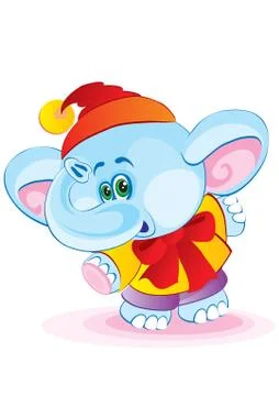 Cute blue elephant in a red cap and a red jacket, isolated object on white ba Stock Illustration