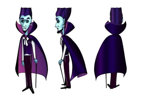 Cute blue face Vampire Dracula Halloween character in black and pink cape and Stock Illustration