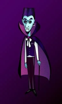 Cute blue face Vampire Dracula Halloween character in black and pink cape and Stock Illustration