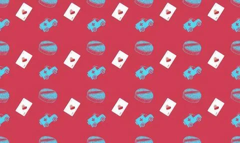 Cute blue fish and playing cards pattern on red background Stock Illustration