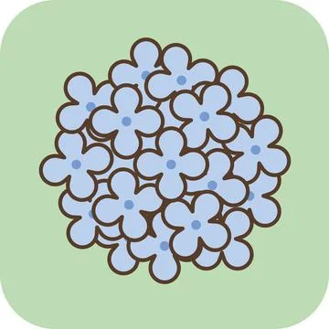 Cute blue hydrangea flower flat icon with thick outline on pastel background. Stock Illustration