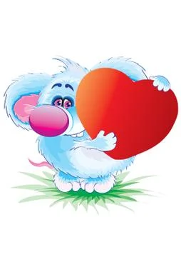 Cute blue mouse character holds big red heart in its paws, isolated object on Stock Illustration